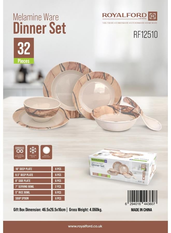 Royalford 32Pc Melamine Dinner Set ,break resistant ,freezer safe and Top Rack Dishwasher Safe Beige & Brown 10inch