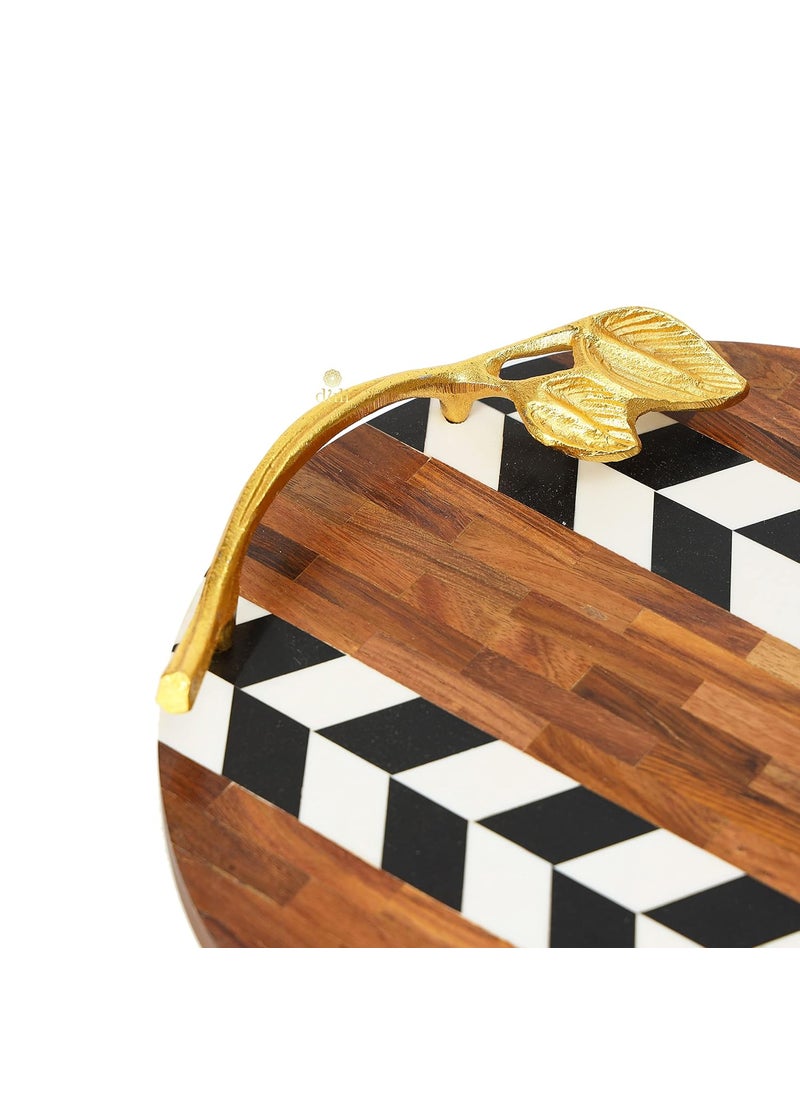 DULI Inlay Work Round Multipurpose PlatterTray in MDF with Metal Golden Handles Serving Tray for Home Dining Table Serving Platter Table Top Tray for Fruits RoundPlatter BrownwithBlackZigzag