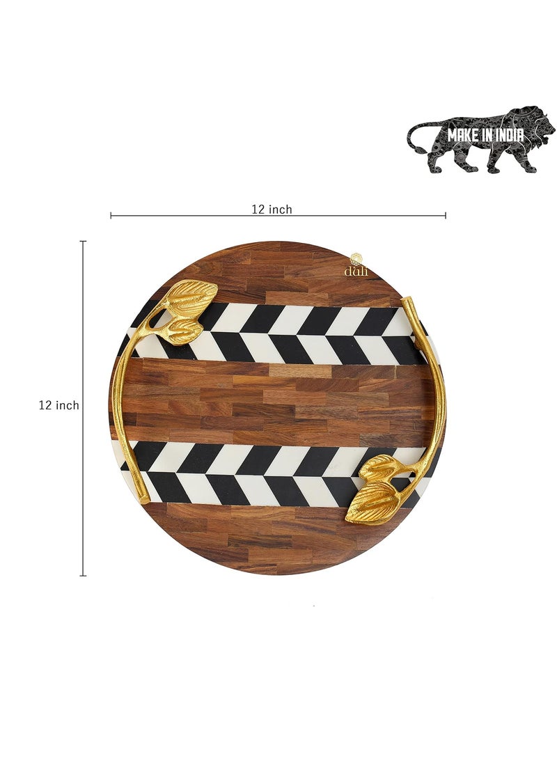 DULI Inlay Work Round Multipurpose PlatterTray in MDF with Metal Golden Handles Serving Tray for Home Dining Table Serving Platter Table Top Tray for Fruits RoundPlatter BrownwithBlackZigzag