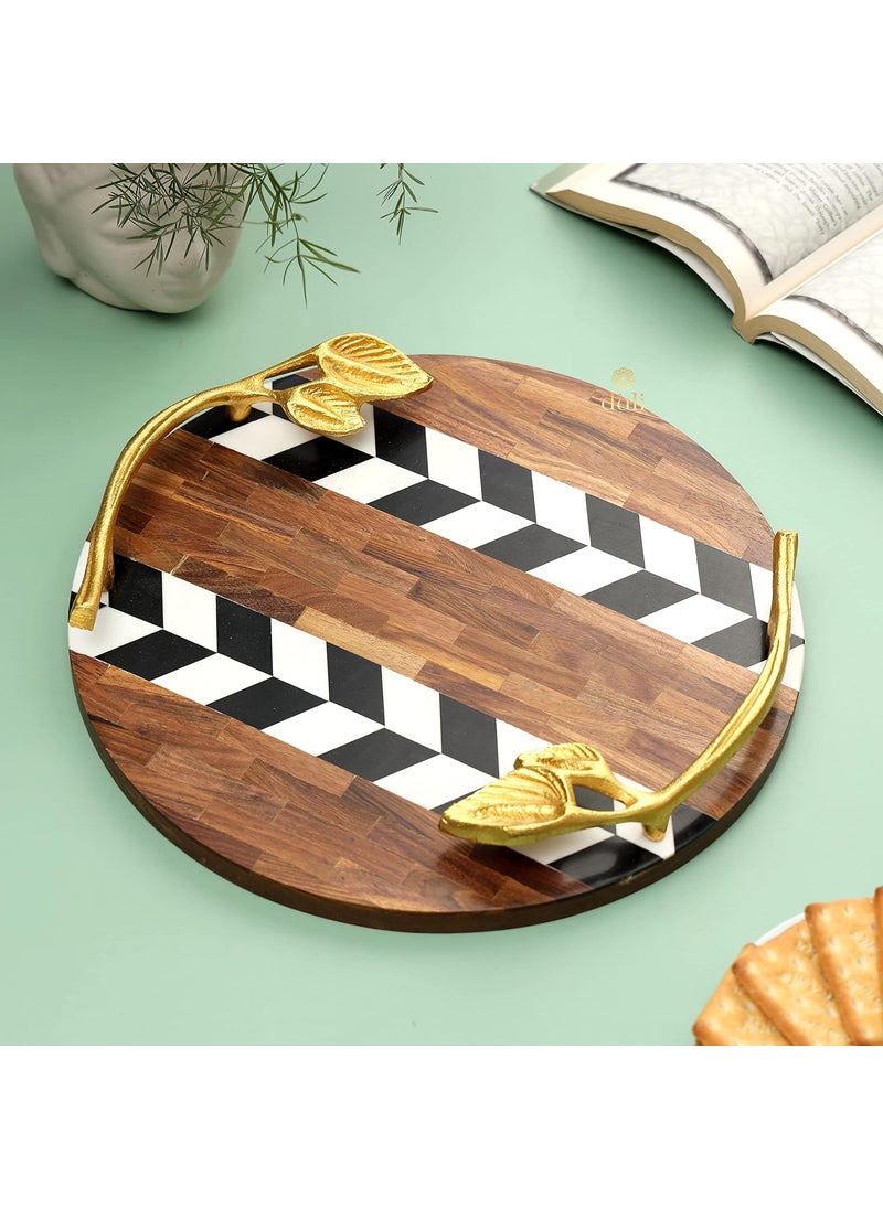 DULI Inlay Work Round Multipurpose PlatterTray in MDF with Metal Golden Handles Serving Tray for Home Dining Table Serving Platter Table Top Tray for Fruits RoundPlatter BrownwithBlackZigzag