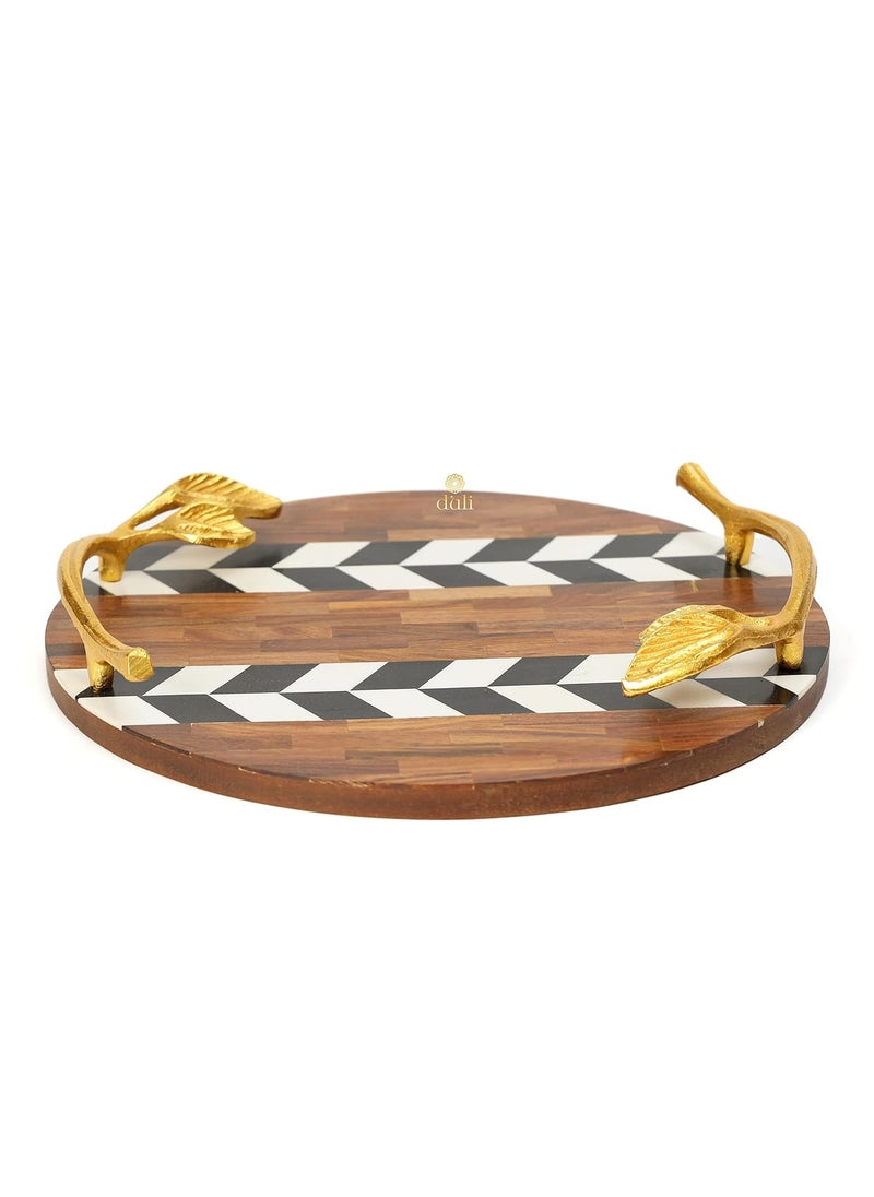 DULI Inlay Work Round Multipurpose PlatterTray in MDF with Metal Golden Handles Serving Tray for Home Dining Table Serving Platter Table Top Tray for Fruits RoundPlatter BrownwithBlackZigzag