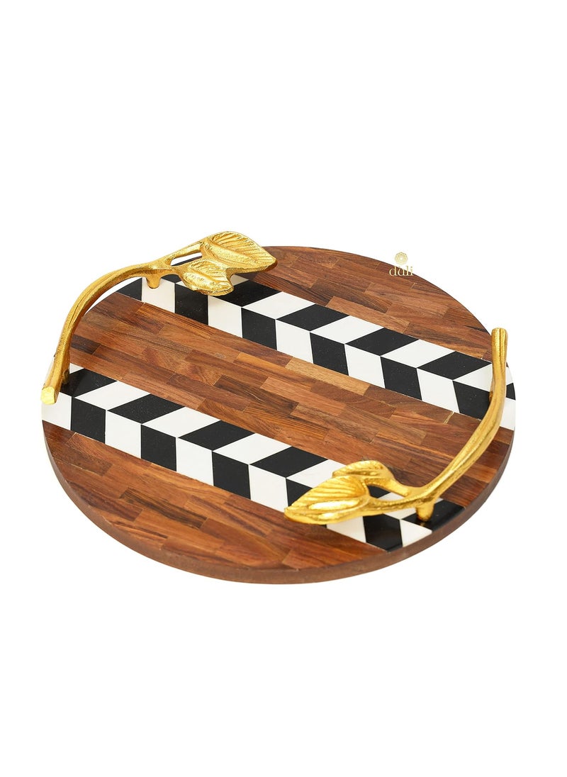 DULI Inlay Work Round Multipurpose PlatterTray in MDF with Metal Golden Handles Serving Tray for Home Dining Table Serving Platter Table Top Tray for Fruits RoundPlatter BrownwithBlackZigzag