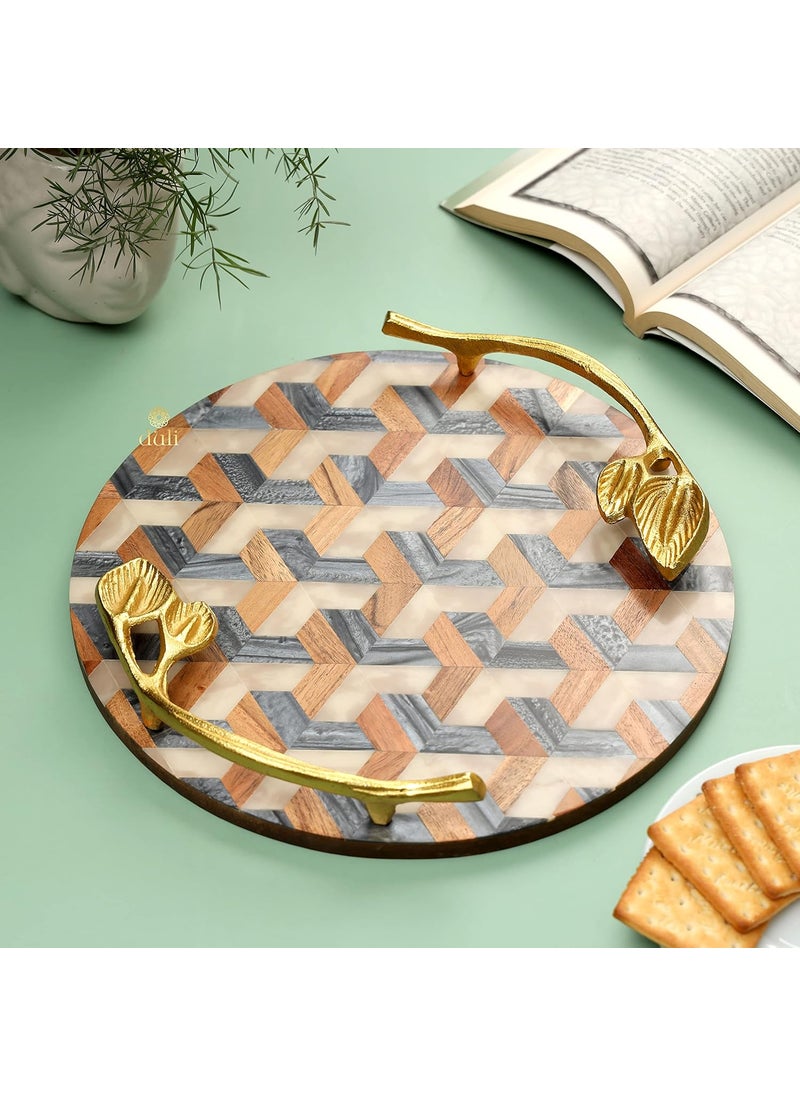 DULI Inlay Work Round Multipurpose PlatterTray in MDF with Metal Golden Handles Serving Tray for Home Dining Table Serving Platter Table Top Tray for Fruits RoundPlatter IvoryBlueCubes