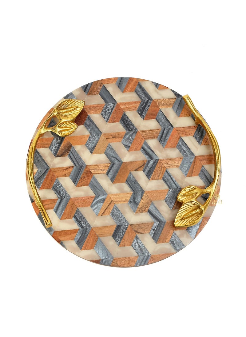 DULI Inlay Work Round Multipurpose PlatterTray in MDF with Metal Golden Handles Serving Tray for Home Dining Table Serving Platter Table Top Tray for Fruits RoundPlatter IvoryBlueCubes