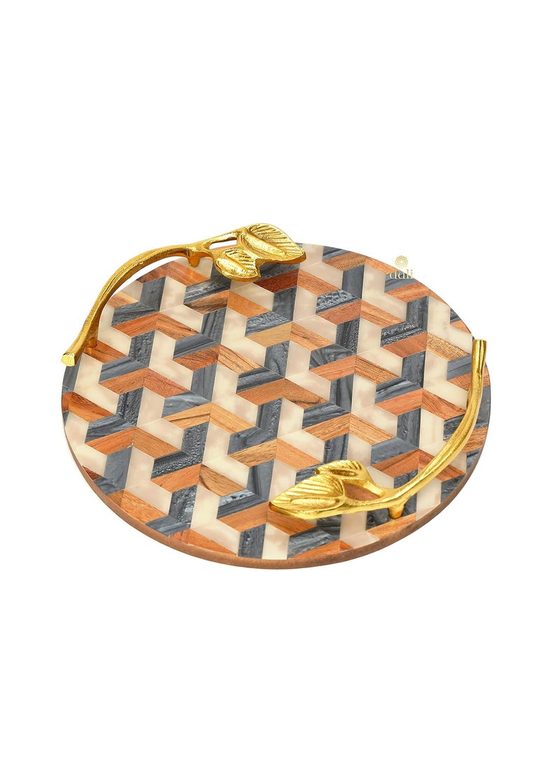 DULI Inlay Work Round Multipurpose PlatterTray in MDF with Metal Golden Handles Serving Tray for Home Dining Table Serving Platter Table Top Tray for Fruits RoundPlatter IvoryBlueCubes