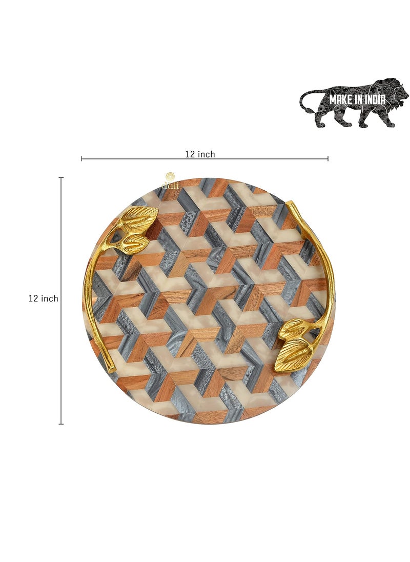 DULI Inlay Work Round Multipurpose PlatterTray in MDF with Metal Golden Handles Serving Tray for Home Dining Table Serving Platter Table Top Tray for Fruits RoundPlatter IvoryBlueCubes