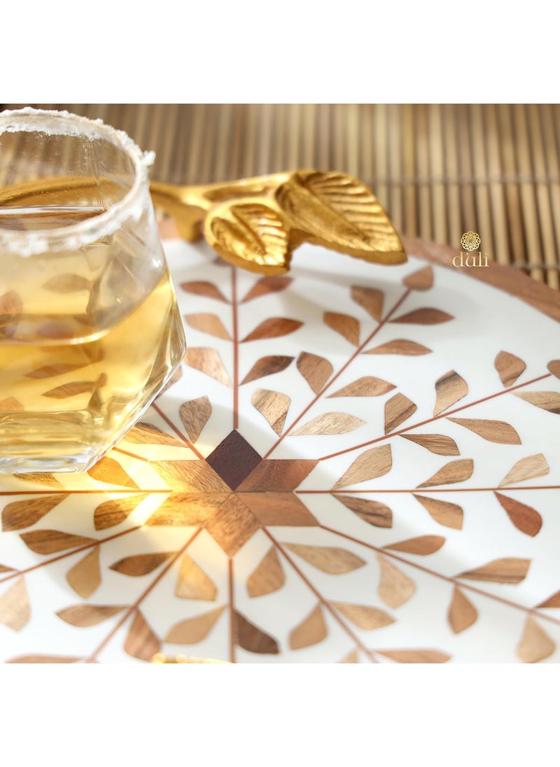 DULI Inlay Work Round Multipurpose PlatterTray in MDF with Metal Golden Handles Serving Tray for Home Dining Table Serving Platter Table Top Tray for Fruits RoundPlatter WhiteBrownFlowers