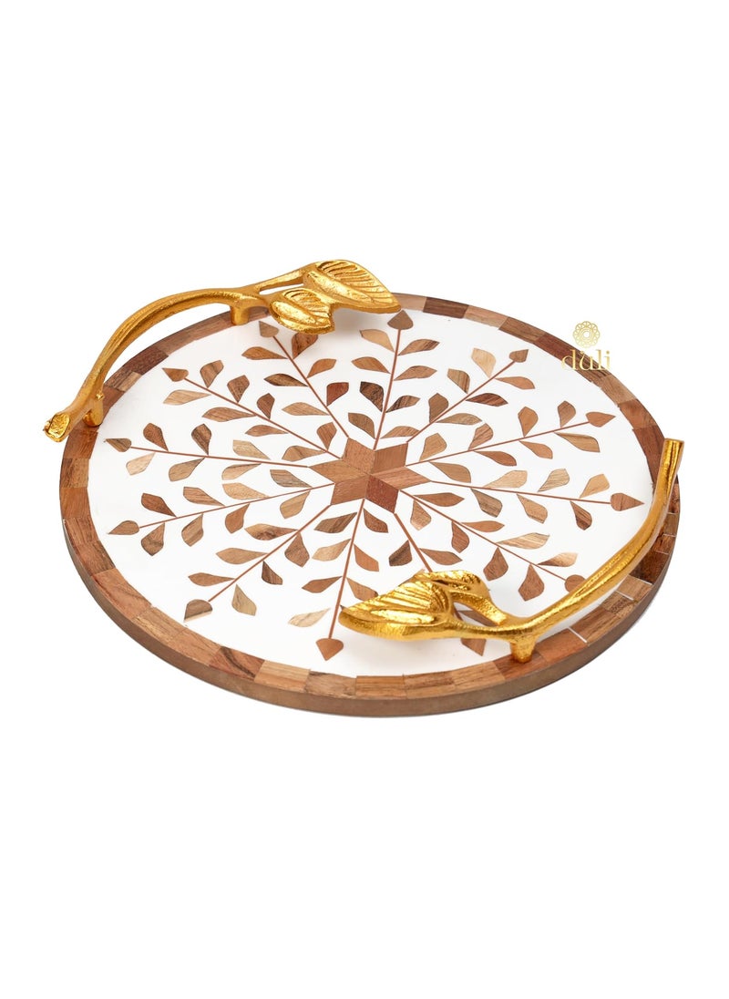 DULI Inlay Work Round Multipurpose PlatterTray in MDF with Metal Golden Handles Serving Tray for Home Dining Table Serving Platter Table Top Tray for Fruits RoundPlatter WhiteBrownFlowers