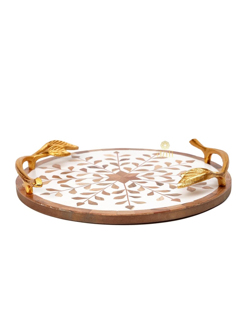 DULI Inlay Work Round Multipurpose PlatterTray in MDF with Metal Golden Handles Serving Tray for Home Dining Table Serving Platter Table Top Tray for Fruits RoundPlatter WhiteBrownFlowers