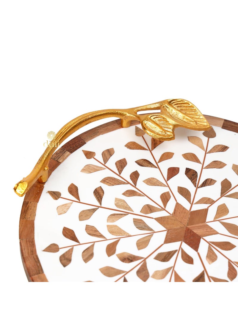 DULI Inlay Work Round Multipurpose PlatterTray in MDF with Metal Golden Handles Serving Tray for Home Dining Table Serving Platter Table Top Tray for Fruits RoundPlatter WhiteBrownFlowers