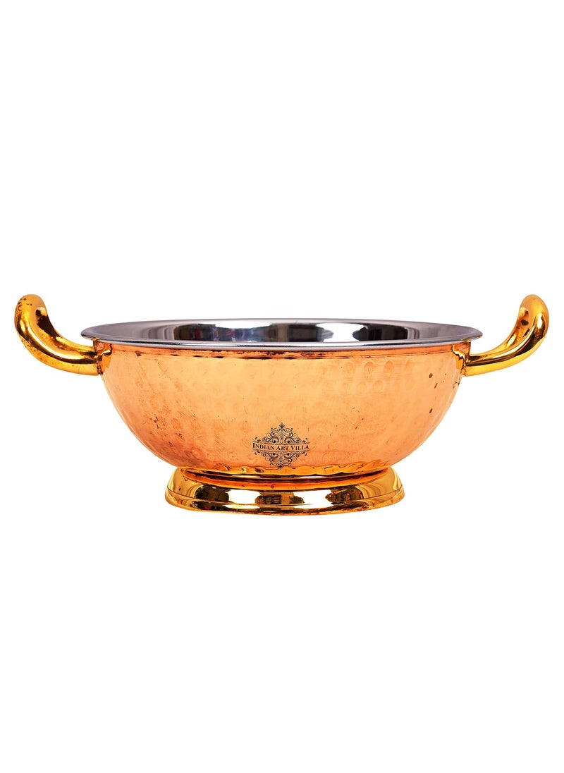 INDIAN ART VILLA Steel Copper Hammered Design KadhaiWok with Brass Bottom Handles for Home Hotel Restaurant Tableware Serveware DishwareVolume 1000