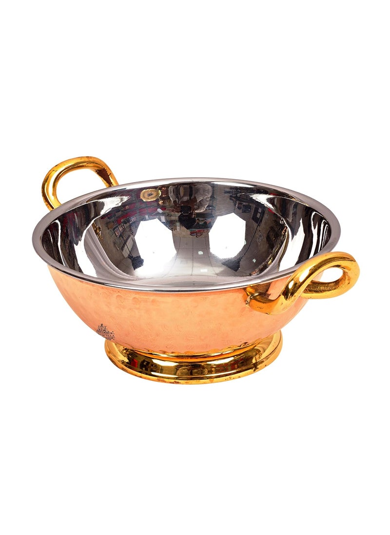 INDIAN ART VILLA Steel Copper Hammered Design KadhaiWok with Brass Bottom Handles for Home Hotel Restaurant Tableware Serveware DishwareVolume 1000