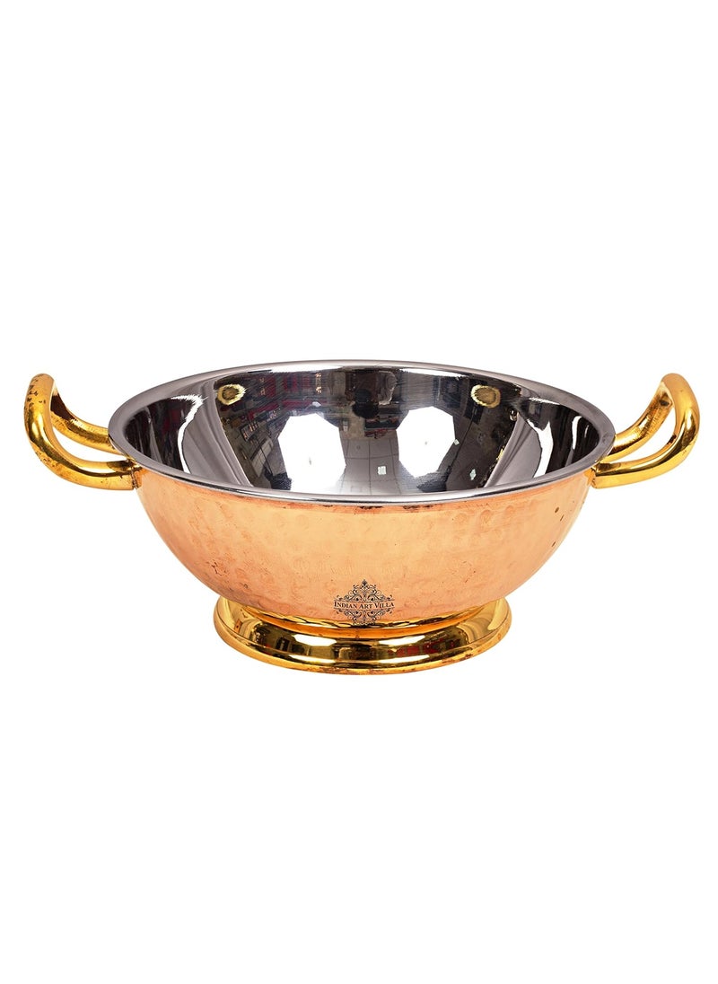 INDIAN ART VILLA Steel Copper Hammered Design KadhaiWok with Brass Bottom Handles for Home Hotel Restaurant Tableware Serveware DishwareVolume 1000