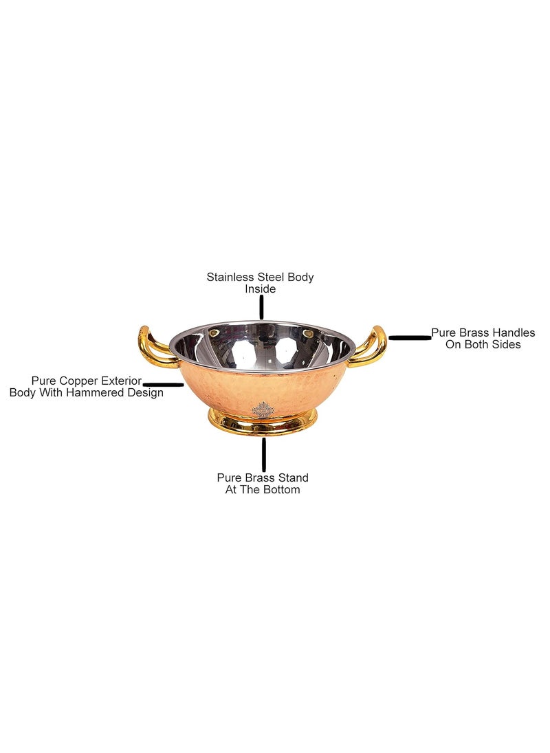 INDIAN ART VILLA Steel Copper Hammered Design KadhaiWok with Brass Bottom Handles for Home Hotel Restaurant Tableware Serveware DishwareVolume 1000