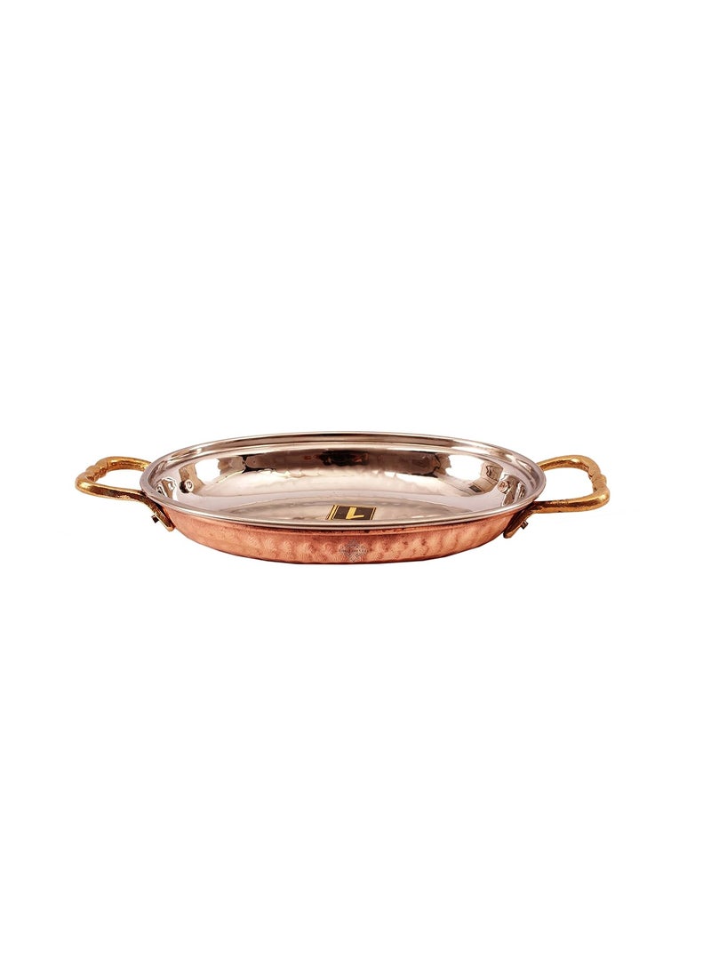 INDIAN ART VILLA Steel Copper Dish Serving Oval Platter with Brass Handle 300 ML Home Hotel Restaurant Tableware