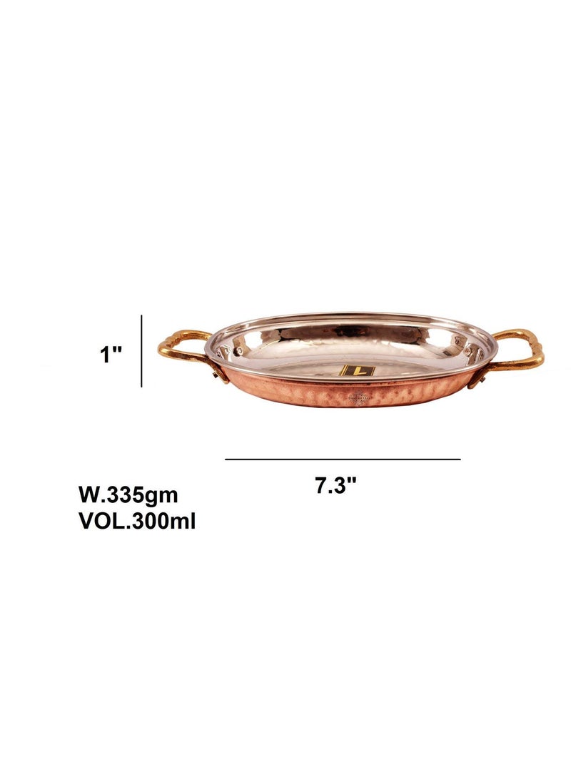 INDIAN ART VILLA Steel Copper Dish Serving Oval Platter with Brass Handle 300 ML Home Hotel Restaurant Tableware
