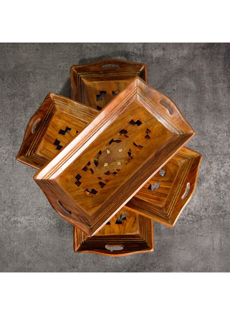 Naayaab Craft Premium Pakka Sheesham Wooden Rectangular Serving Tray Handmade Handcrafted Serving Platter Set of 3