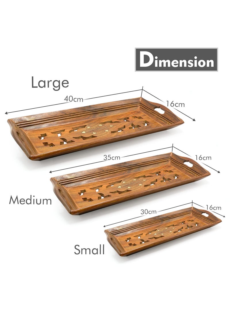Naayaab Craft Premium Pakka Sheesham Wooden Rectangular Serving Tray Handmade Handcrafted Serving Platter Set of 3