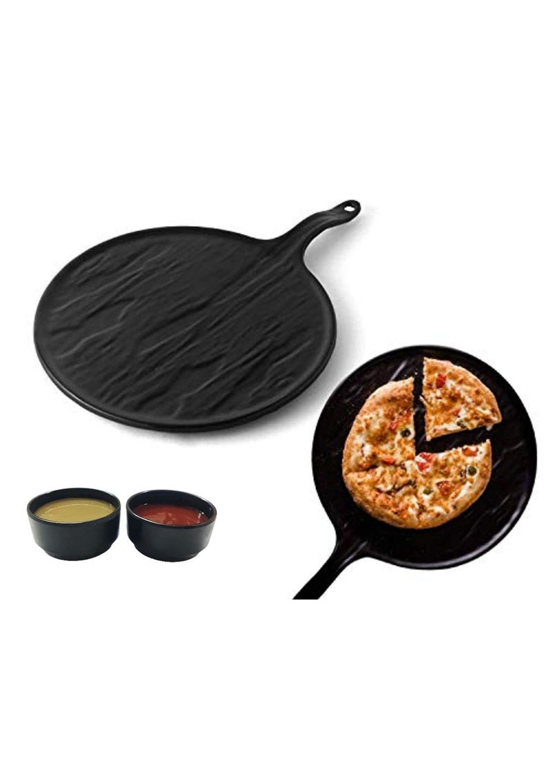 Home Decorise Melamine Round Pizza Pasta Serving Platter with 2 Dip Bowl Unbreakable Serving Dessert and Snacks PlatterTray Combo Pack of 3 Matt Black 105 Inch