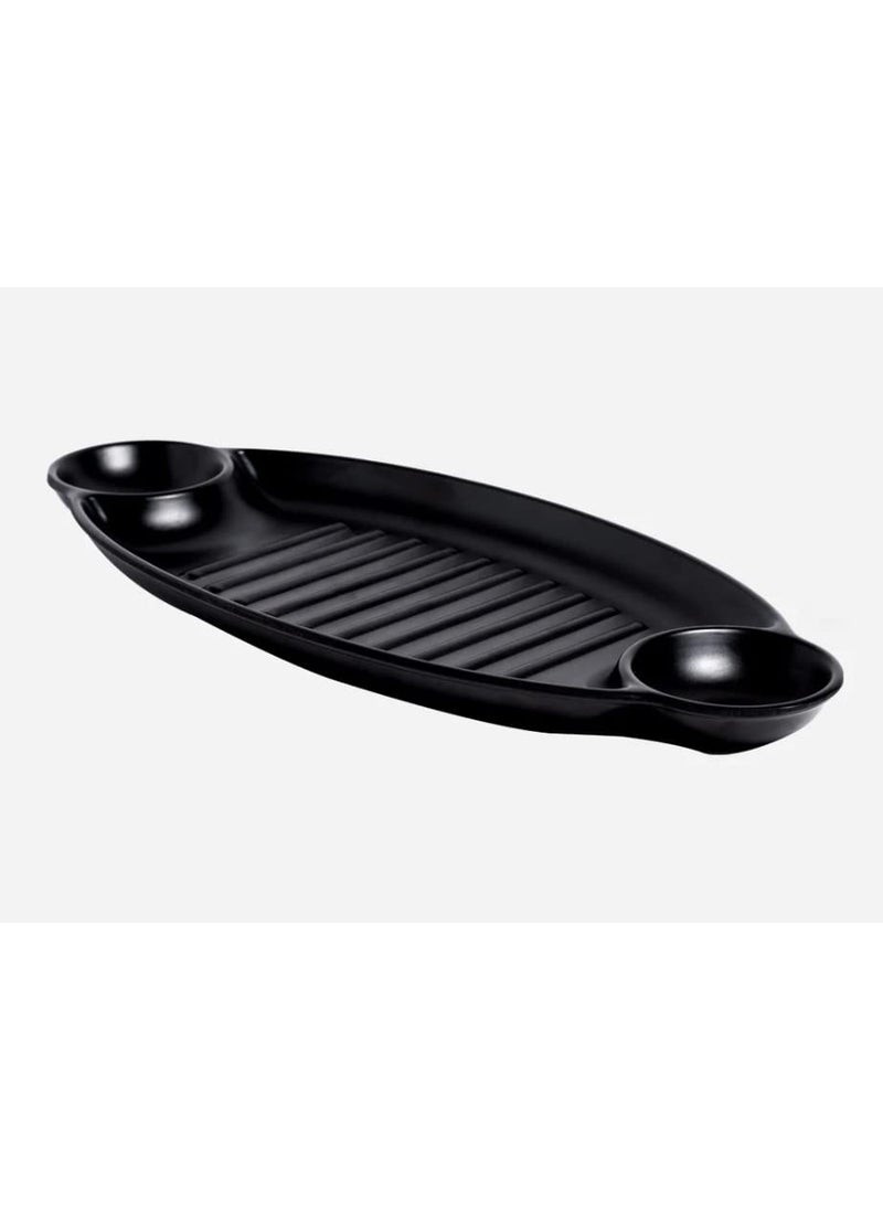 DECOR VIBES Melamine Grill Double Dip Serving Platter for Kabab French Fries Momos Paneer Tikka Serving Starter Dessert and Snacks PlatterTray Matt Black Pack of 2