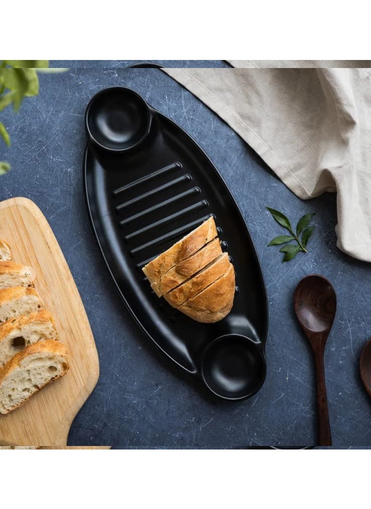 DECOR VIBES Melamine Grill Double Dip Serving Platter for Kabab French Fries Momos Paneer Tikka Serving Starter Dessert and Snacks PlatterTray Matt Black Pack of 2