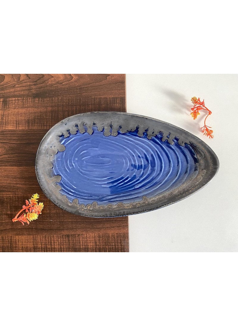 ALTAICA Ceramic Serving Platter Plate Oval Shape for Snacks Starter Salad Pasta Tray Heavy Quality Ceramic Serving Platters Perfect for Modern Kitchen Blue