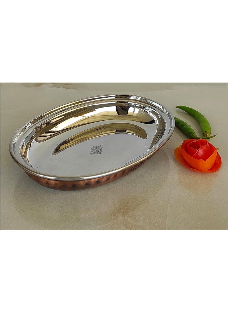 INDIAN ART VILLA Steel Copper Hammered Antique Dark Tone Design Oval Platter Serveware Tableware Home Restaurant 400 ML Set of 1