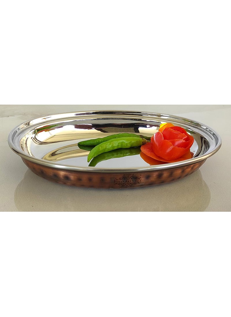 INDIAN ART VILLA Steel Copper Hammered Antique Dark Tone Design Oval Platter Serveware Tableware Home Restaurant 400 ML Set of 1
