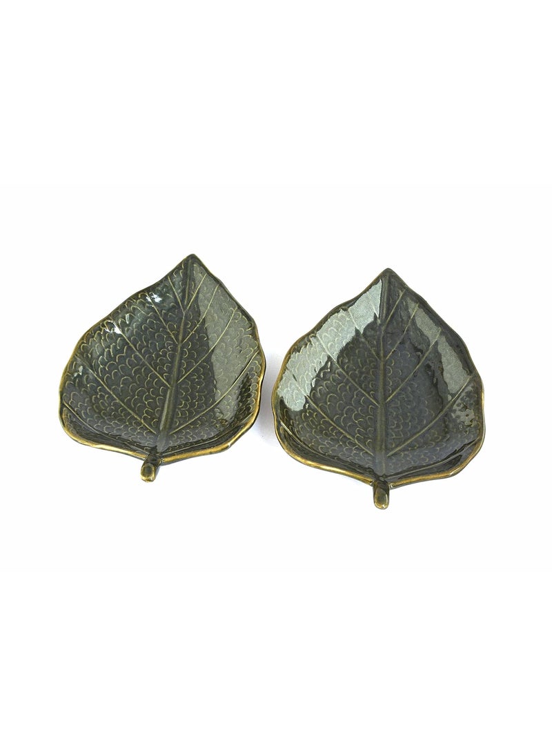 Renhomz Premium Ceramic Snacks PlatterSet of 2 Designer Handmade GreenTone Bodhi Leaf Party Snacks Platter Serving PlateSize 825 inch Each Microwave Safe Oven Safe Freezer Safe