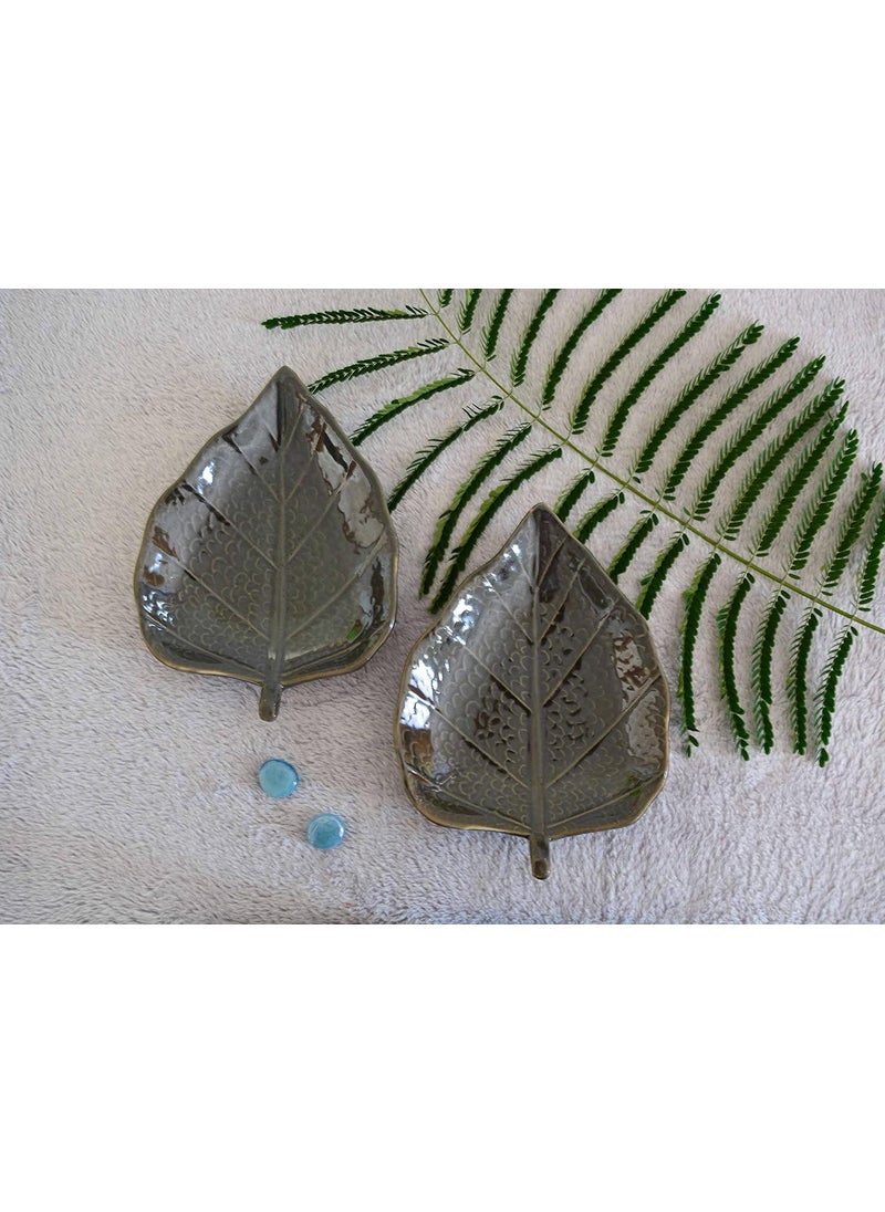 Renhomz Premium Ceramic Snacks PlatterSet of 2 Designer Handmade GreenTone Bodhi Leaf Party Snacks Platter Serving PlateSize 825 inch Each Microwave Safe Oven Safe Freezer Safe