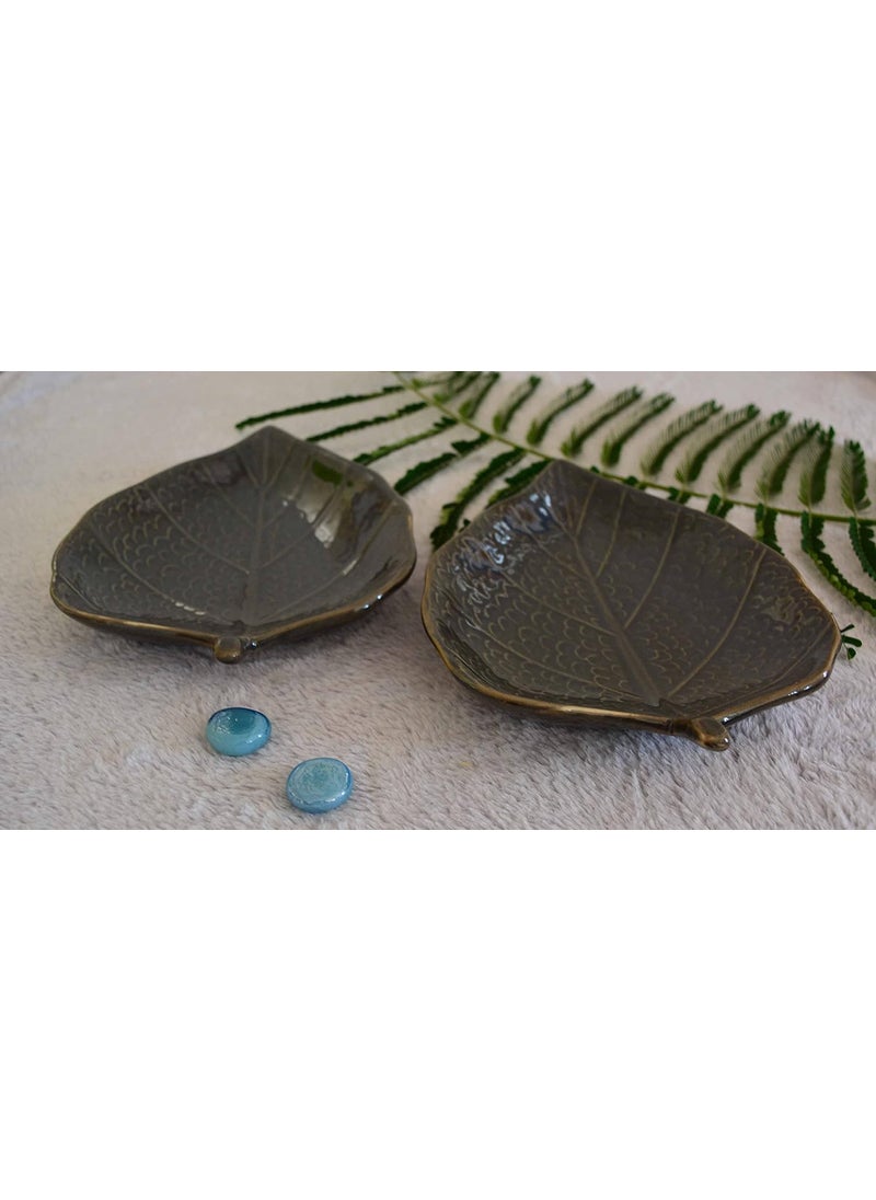 Renhomz Premium Ceramic Snacks PlatterSet of 2 Designer Handmade GreenTone Bodhi Leaf Party Snacks Platter Serving PlateSize 825 inch Each Microwave Safe Oven Safe Freezer Safe