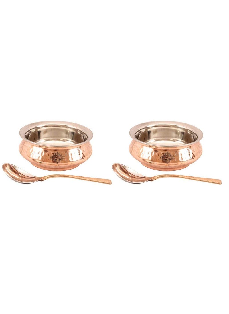 Indian Art Villa Set of 2 Hammered Stainless Steel Copper Handi 500 ML Each with 2 Spoon Serving Dishes Rice Briyani Chicken Home Hotels Restaurants Gift Items Tableware