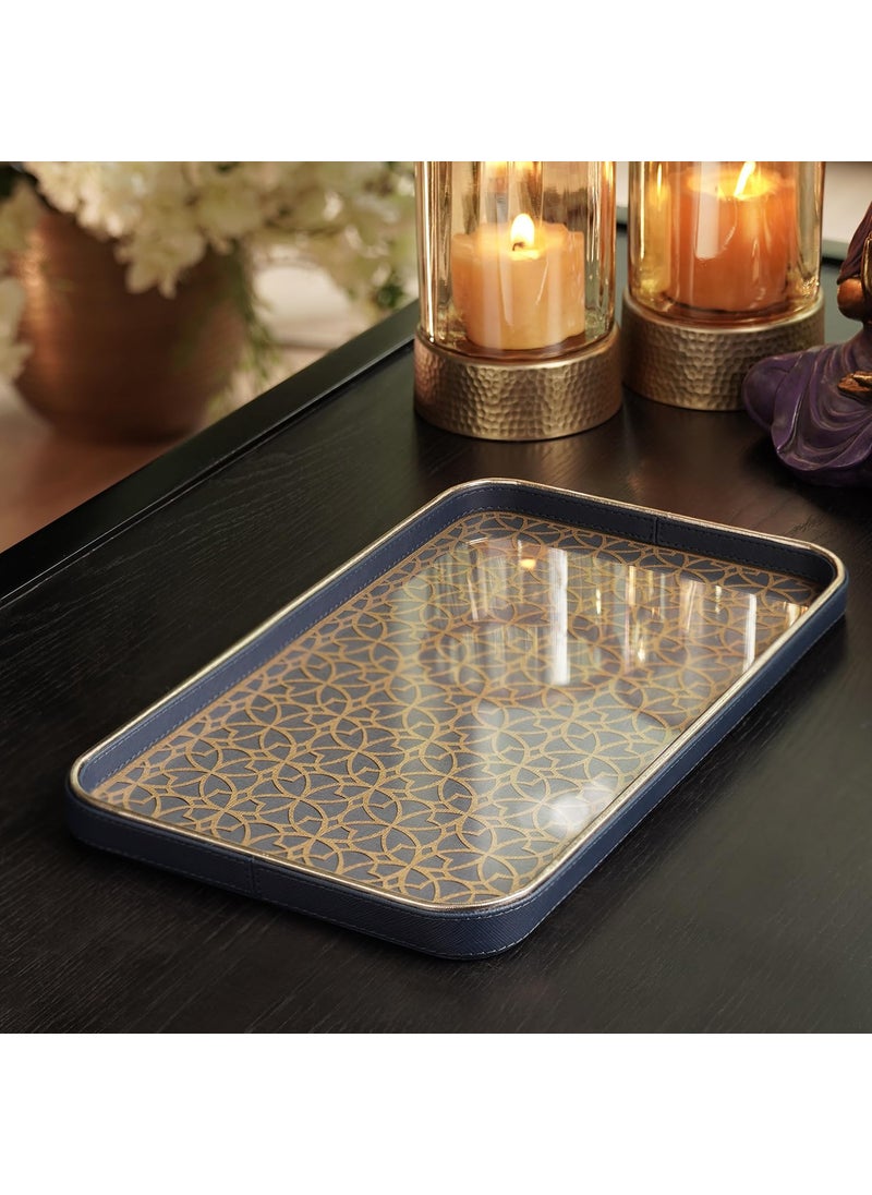 Pure Home Living Blue Lazer Cut Faux Leather Rectangle Platter Large