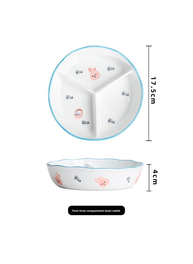 Ceramic Divided Deep Bowl with Lid Sealed Microwave Safe Compartment Snack Bento Box7-inch three-compartment bowl rabbit 7-inch three-compartment bowl rabbit