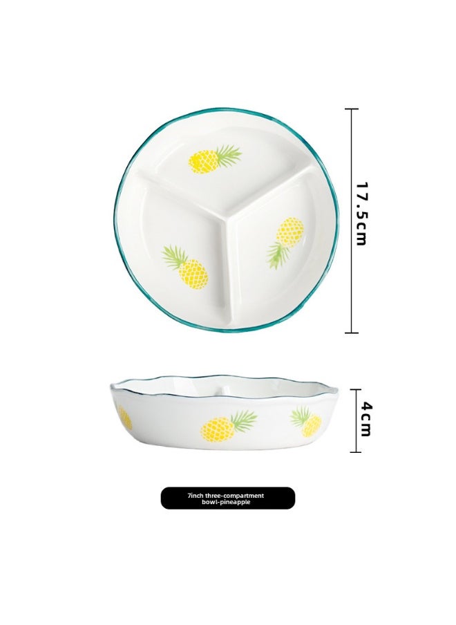 Ceramic Divided Deep Bowl with Lid Sealed Microwave Safe Compartment Snack Bento Box7-inch three-compartment bowl of pineapple 7-inch three-compartment bowl of pineapple
