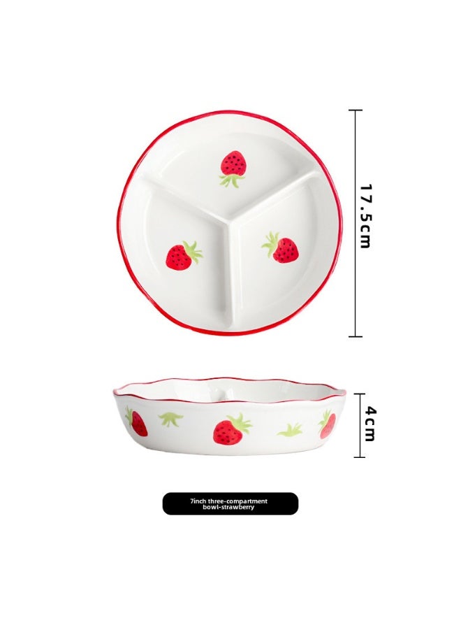 Ceramic Divided Deep Bowl with Lid Sealed Microwave Safe Compartment Snack Bento Box7-inch three-compartment bowl of strawberries 7-inch three-compartment bowl of strawberries