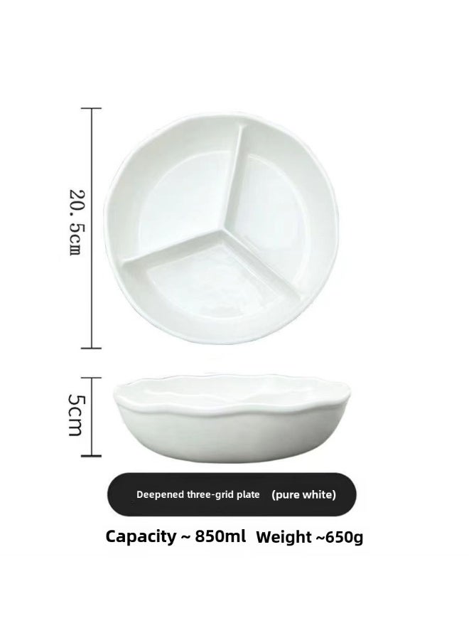 Ceramic Divided Deep Bowl with Lid Sealed Microwave Safe Compartment Snack Bento Box8-inch three-compartment bowl pure white 8-inch three-compartment bowl pure white