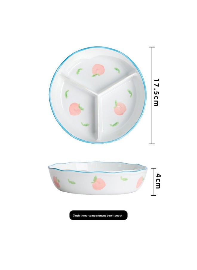 Ceramic Divided Deep Bowl with Lid Sealed Microwave Safe Compartment Snack Bento Box7-inch three-compartment bowl of peaches 7-inch three-compartment bowl of peaches