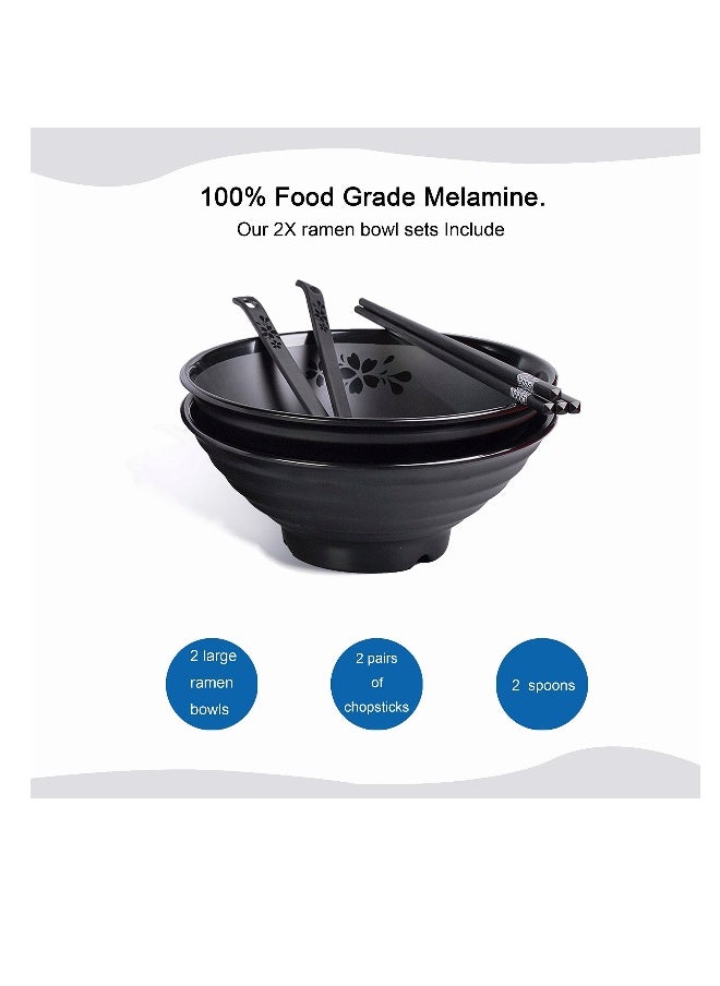 Melamine Ramen Bowl Set, 41oz Japanese Style Soup Bowls with Chopsticks and Spoons, for Noodles,Soba, Udon, 2 Sets (8.8 inch,Black)