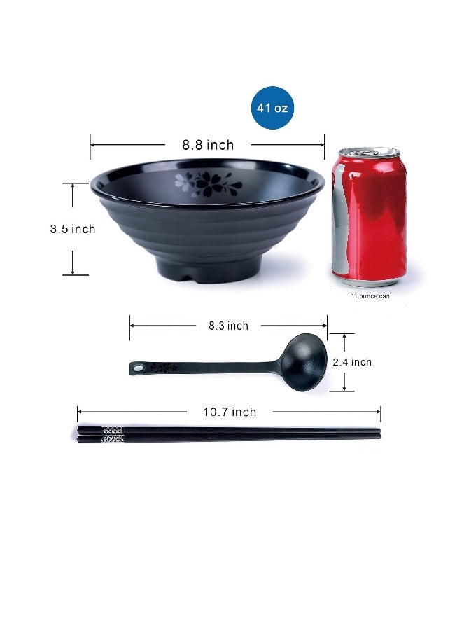 Melamine Ramen Bowl Set, 41oz Japanese Style Soup Bowls with Chopsticks and Spoons, for Noodles,Soba, Udon, 2 Sets (8.8 inch,Black)