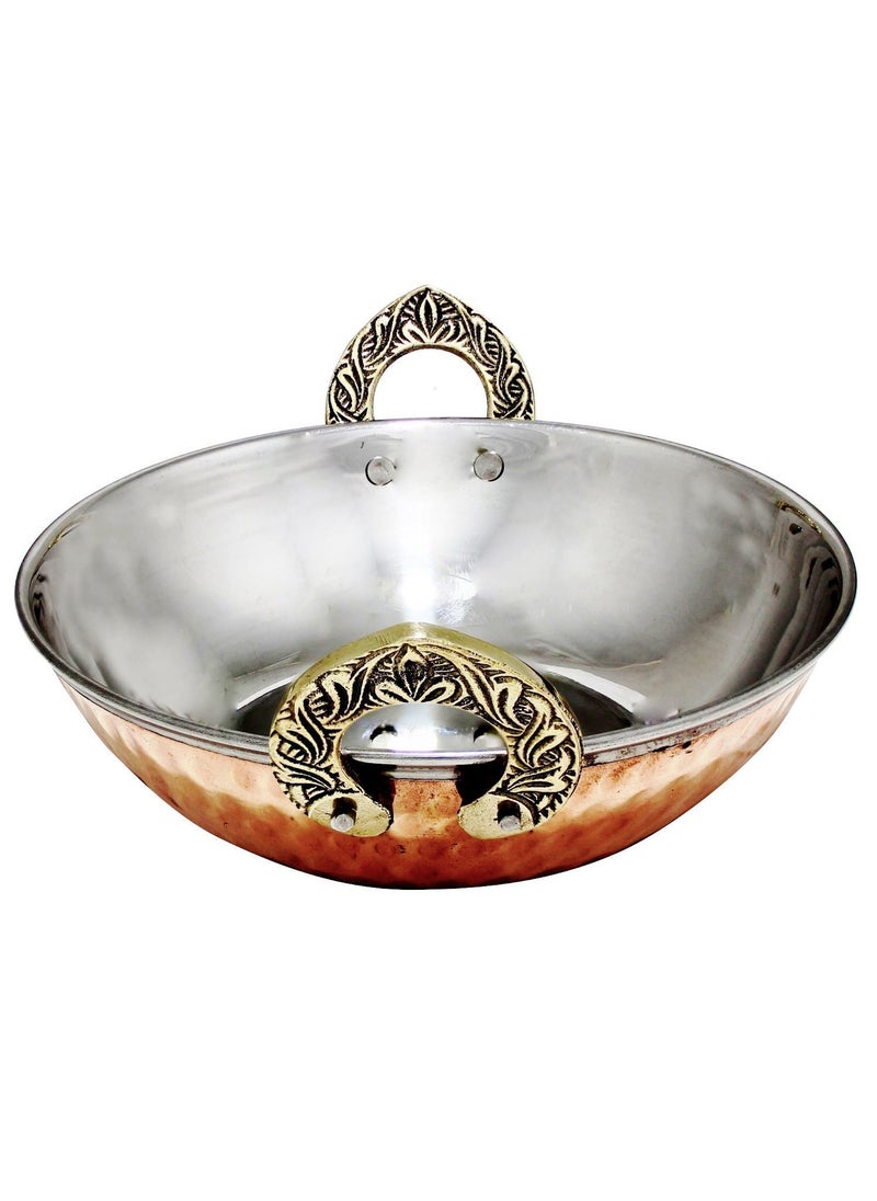 Prisha India Craft Pure Copper Stainless Steel Bowls with Solid Brass Handle Serveware Single Karahi Pan for Indian FoodDiameter 7 Inch