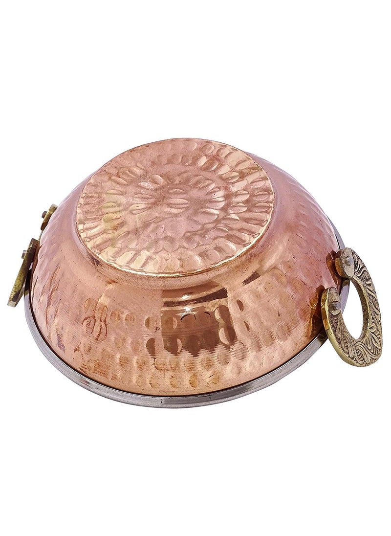 Prisha India Craft Pure Copper Stainless Steel Bowls with Solid Brass Handle Serveware Single Karahi Pan for Indian FoodDiameter 7 Inch