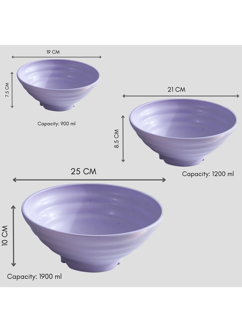 KESHU ENTERPRISE Wheat Straw Fiber Bowl Japanese Style Large Bowl Set Deep Stylish Bowl for Food Snacks Noodles Lightweight Salad Bowls for Serving Fruit Pasta 192125CM Purple Set of 3