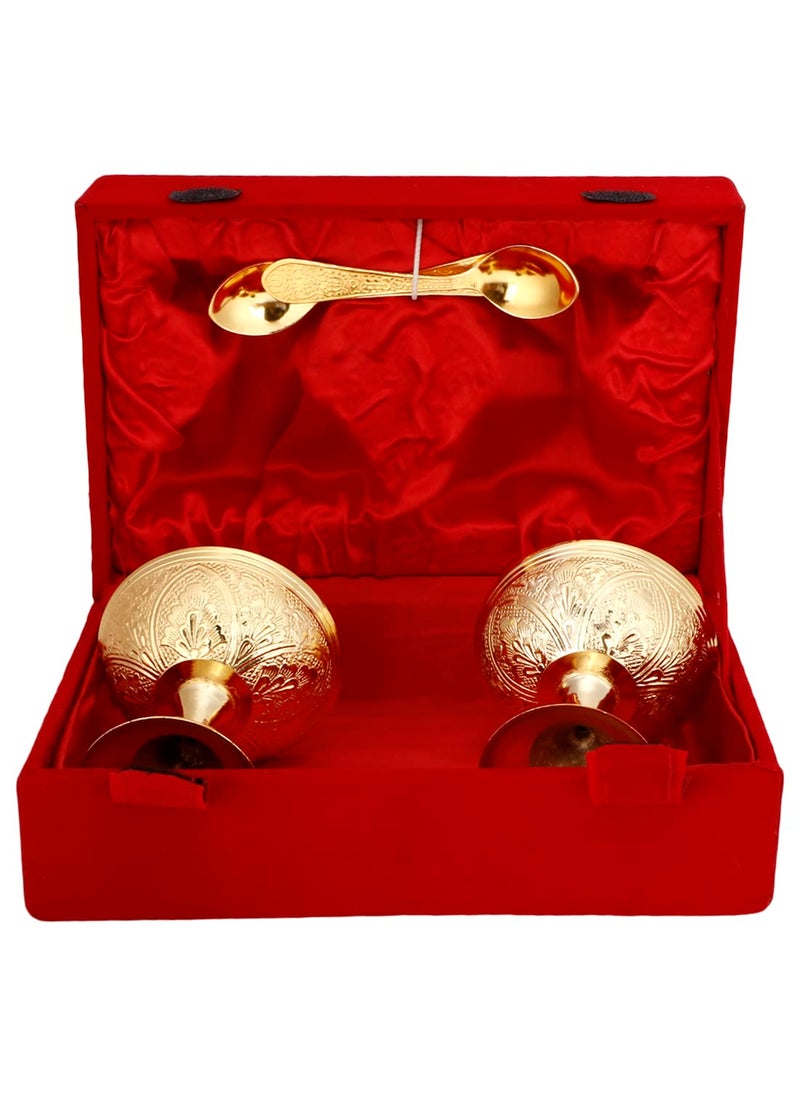 METALMASTERY Gold Plated Ice Cream Bowl and Spoon Set with Royal Velvet Gift Box German Silver Bowl Set for DiwaliChristmas RakshaBandhan Gift