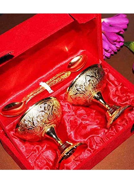 METALMASTERY Gold Plated Ice Cream Bowl and Spoon Set with Royal Velvet Gift Box German Silver Bowl Set for DiwaliChristmas RakshaBandhan Gift