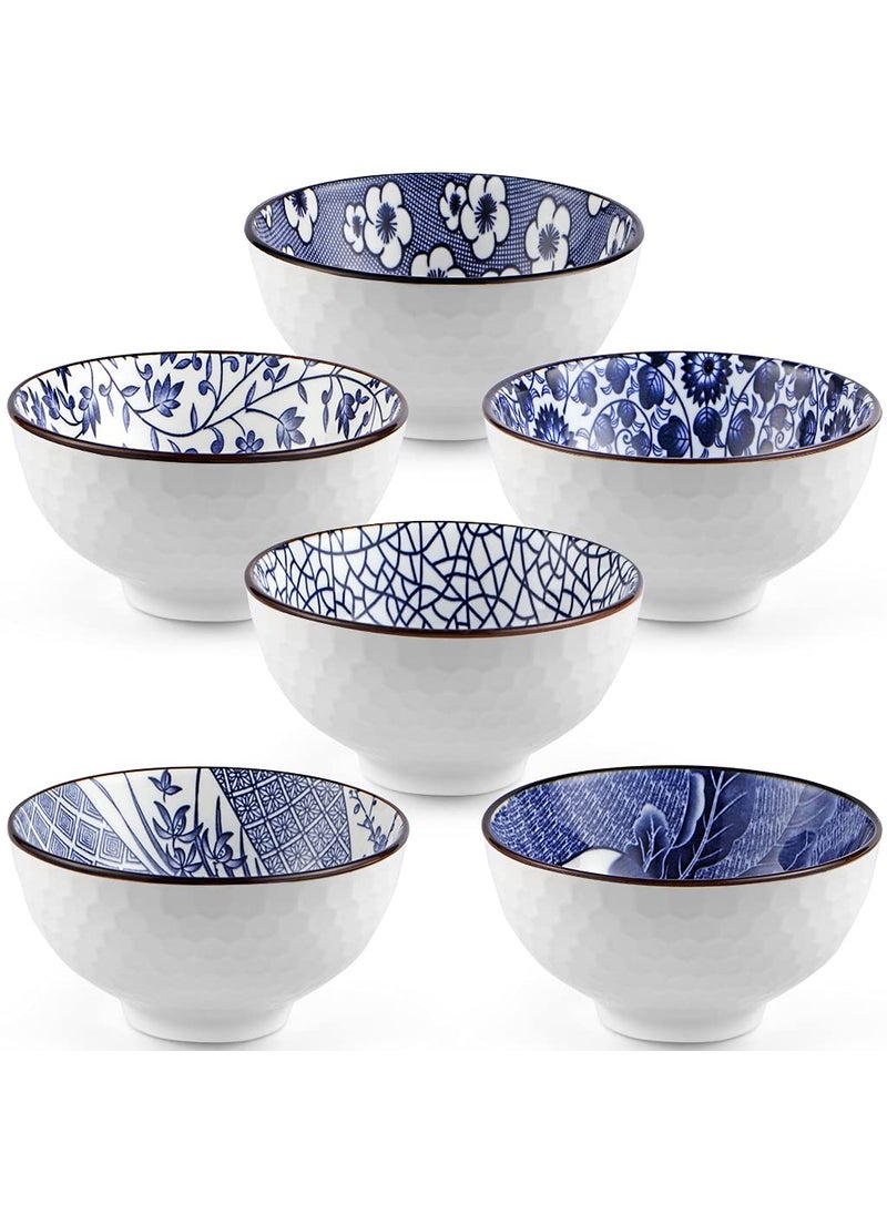Sanbege Ceramic Rice Bowls 10 oz Japanese Style Bowl Gift Set Assorted Dinnerware Serving Bowls for Cereal Soup Dessert Snack Fruit Salsa Pack of 6 Blue and White