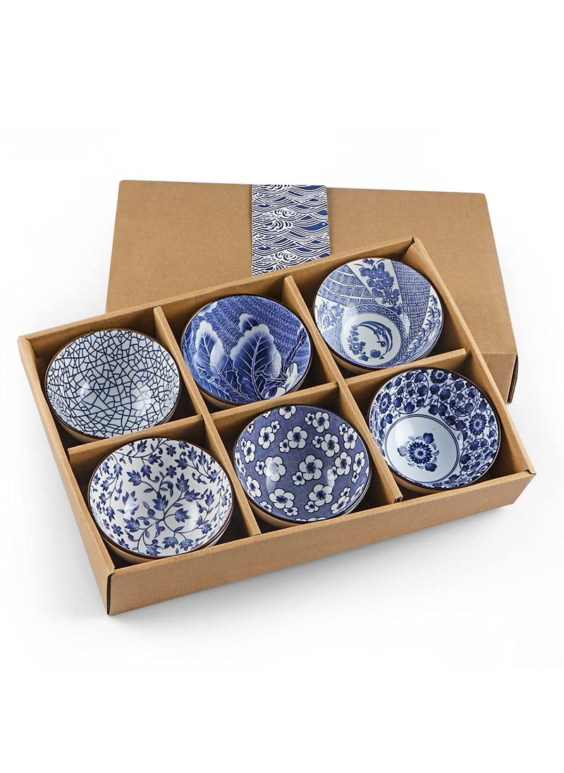 Sanbege Ceramic Rice Bowls 10 oz Japanese Style Bowl Gift Set Assorted Dinnerware Serving Bowls for Cereal Soup Dessert Snack Fruit Salsa Pack of 6 Blue and White