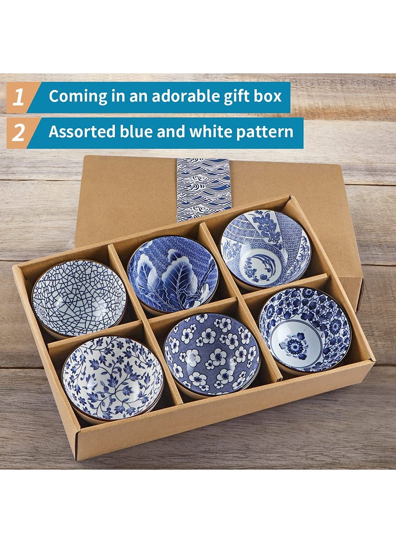 Sanbege Ceramic Rice Bowls 10 oz Japanese Style Bowl Gift Set Assorted Dinnerware Serving Bowls for Cereal Soup Dessert Snack Fruit Salsa Pack of 6 Blue and White