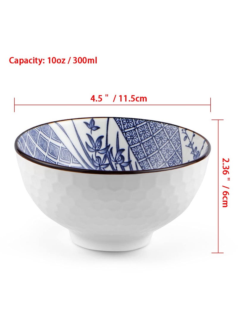 Sanbege Ceramic Rice Bowls 10 oz Japanese Style Bowl Gift Set Assorted Dinnerware Serving Bowls for Cereal Soup Dessert Snack Fruit Salsa Pack of 6 Blue and White