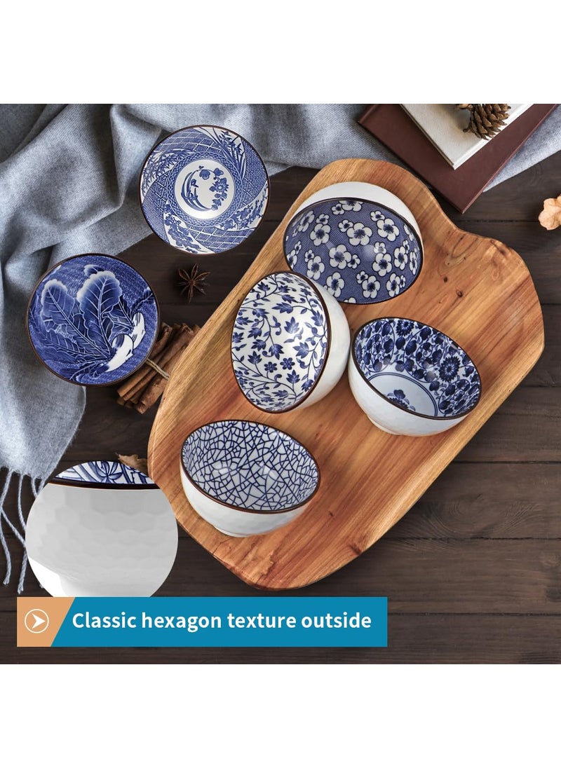 Sanbege Ceramic Rice Bowls 10 oz Japanese Style Bowl Gift Set Assorted Dinnerware Serving Bowls for Cereal Soup Dessert Snack Fruit Salsa Pack of 6 Blue and White